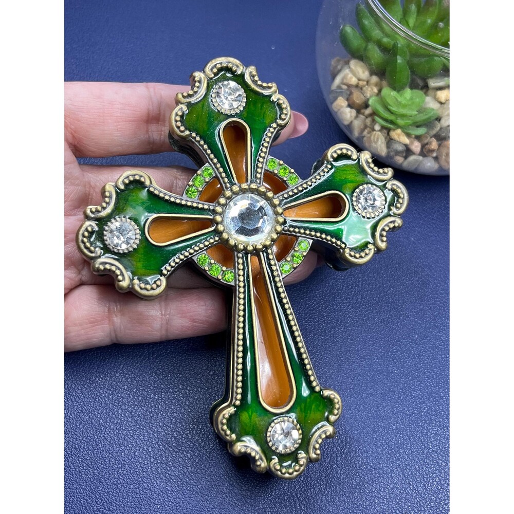 Vintage Green enamel/rhinestone cross keepsake/rosary box